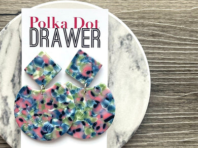 Floral Acrylic statement earrings, Geometric bead Statement acetate colorful jewelry pink blue green necklace chunky drop hook earrings