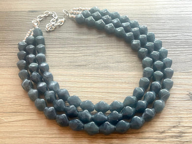 Vintage Gray Blue Triple Strand Statement Necklace, Bridesmaid Everyday Bib Jewelry, navy blue & silver beaded jewelry strand