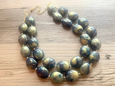 Dark Blue GLITTER Gold Statement Necklace Jewelry Set, Chunky Jewelry Big Beaded Double Strand Necklace, blue Necklace navy blue Jewelry Set