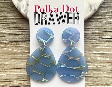 Blue Crackle Shell Teardrop earrings, round circle earrings, tortoise shell jewelry, light aqua earrings, tortoise acetate earring glitter