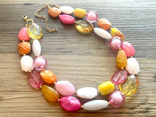 Load image into Gallery viewer, Colada Sunrise double strand OOAK statement Necklace, Pink orange white Beaded Necklace, summer party silver jewelry magenta hot pink