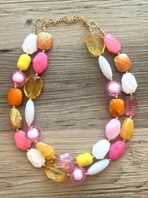 Load image into Gallery viewer, Colada Sunrise double strand OOAK statement Necklace, Pink orange white Beaded Necklace, summer party silver jewelry magenta hot pink