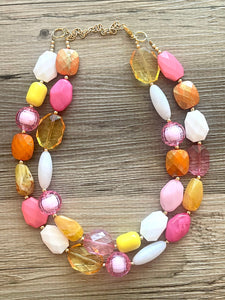 Colada Sunrise double strand OOAK statement Necklace, Pink orange white Beaded Necklace, summer party silver jewelry magenta hot pink