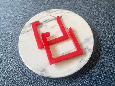 Cherry Red Geometric Hoop earrings, square earrings, tortoise shell jewelry, red earrings, hoops acrylic acetate lucite drop red jewelry
