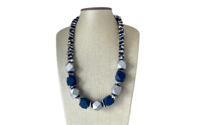 Silver & Navy Blue Chunky Long Statement Necklace, long silver necklace, beaded long necklace, blue wood beaded statement jewelry