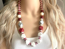 Load image into Gallery viewer, Silver &amp; Red Chunky Long Statement Necklace, long silver necklace, beaded long necklace, red wood beaded statement jewelry