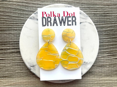 Yellow & Silver Crackle Shell Teardrop earrings, round circle earrings, tortoise jewelry, yellow rainbow earrings blonde acetate earring
