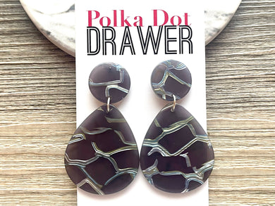 Gray Crackle Shell Teardrop earrings, round circle earrings, tortoise jewelry, smoke gray earrings, tortoise blush acetate earring glitter
