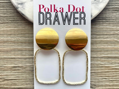 Gold Mirror Drop statement earrings, Hammered rectangle Geometric bead Statement jewelry gold necklace chunky hook earrings boho
