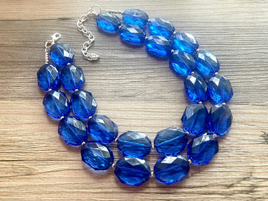Dark Blue Double Strand Statement Necklace,  Chunky Royal Blue Oval Beaded Bib Jewelry earrings, blue jewelry set, royal blue