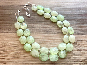 Lime Green Double Strand Statement Necklace, Chunky Mint Oval Beaded Bib Jewelry earrings, green jewelry set, light green jewelry