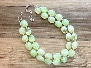 Lime Green Double Strand Statement Necklace, Chunky Mint Oval Beaded Bib Jewelry earrings, green jewelry set, light green jewelry