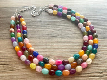 Load image into Gallery viewer, Triple Jelly Bean Rainbow Beaded Necklace, Colorful Jewelry, Chunky statement necklace, rainbow jewelry, rainbow baby confetti