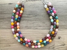 Load image into Gallery viewer, Triple Jelly Bean Rainbow Beaded Necklace, Colorful Jewelry, Chunky statement necklace, rainbow jewelry, rainbow baby confetti