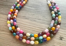 Load image into Gallery viewer, Triple Jelly Bean Rainbow Beaded Necklace, Colorful Jewelry, Chunky statement necklace, rainbow jewelry, rainbow baby confetti