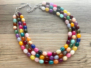 Triple Jelly Bean Rainbow Beaded Necklace, Colorful Jewelry, Chunky statement necklace, rainbow jewelry, rainbow baby confetti