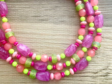 Load image into Gallery viewer, Ibiza Statement Necklace, Chunky 3 Strand Jewelry, pink coral green necklace hot pink purple necklace, silver bib beaded necklace