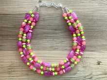 Load image into Gallery viewer, Ibiza Statement Necklace, Chunky 3 Strand Jewelry, pink coral green necklace hot pink purple necklace, silver bib beaded necklace