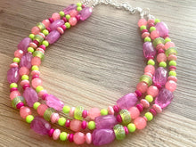 Load image into Gallery viewer, Ibiza Statement Necklace, Chunky 3 Strand Jewelry, pink coral green necklace hot pink purple necklace, silver bib beaded necklace