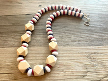 Load image into Gallery viewer, Red White Blue Chunky Long Statement Necklace, long silver necklace, beaded long necklace, red wood beaded statement jewelry