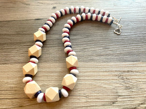 Red White Blue Chunky Long Statement Necklace, long silver necklace, beaded long necklace, red wood beaded statement jewelry