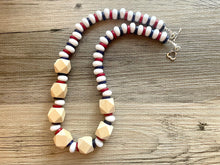 Load image into Gallery viewer, Red White Blue Chunky Long Statement Necklace, long silver necklace, beaded long necklace, red wood beaded statement jewelry