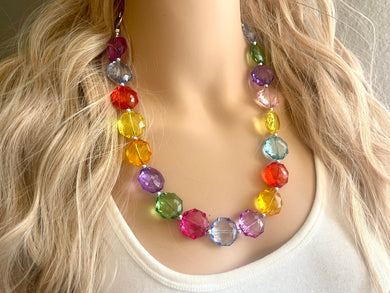 Rainbow Statement Necklace, candy chunky multi-strand jewelry, yellow red green sky blue necklace, single strand silver necklace