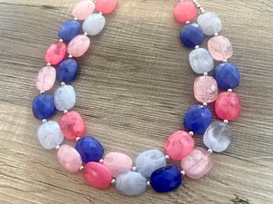 Pink + Blue Double Strand Statement Necklace,  Chunky Periwinkle Oval Beaded Bib Jewelry earrings, baby blue jewelry set gender reveal party