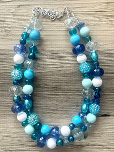 Blue Sparkle Statement Necklace, chunky bib beaded jewelry, navy royal blue necklace, dark blue beaded acrylic jewelry white sky blue