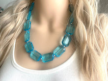 Load image into Gallery viewer, Teal Big Beaded Statement Necklace, beaded jewelry, blue jewelry, teal beaded necklace, turquoise jewelry, blue necklace, chunky beaded bib