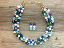 Load image into Gallery viewer, Moon Child Chunky Statement Necklace, gold bib necklace, purple white green blue necklace, wedding bridesmaid chunky earring set