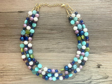 Load image into Gallery viewer, Moon Child Chunky Statement Necklace, gold bib necklace, purple white green blue necklace, wedding bridesmaid chunky earring set