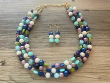 Load image into Gallery viewer, Moon Child Chunky Statement Necklace, gold bib necklace, purple white green blue necklace, wedding bridesmaid chunky earring set