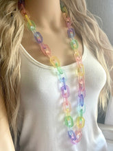 Load image into Gallery viewer, Long Acrylic necklace, pastel rainbow creamy linking acetate necklace, chain necklace, statement necklace jewelry, rainbow chunky chain