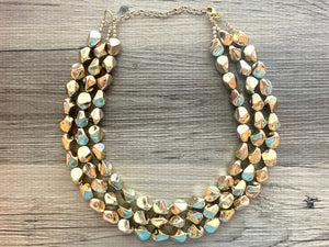 Gold Royale chunky statement necklace, big beaded jewelry, gifts for women bib jewelry Multi-Strand Nugget metallic resin gold painted
