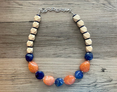 Orange & Blue Chunky Long Statement Necklace, long navy silver necklace, beaded long necklace, wood beaded statement jewelry