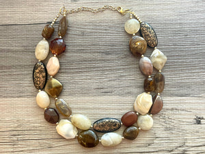 Espresso Martini double strand OOAK statement Necklace, Brown tan coffee champagne Beaded Necklace, summer silver jewelry