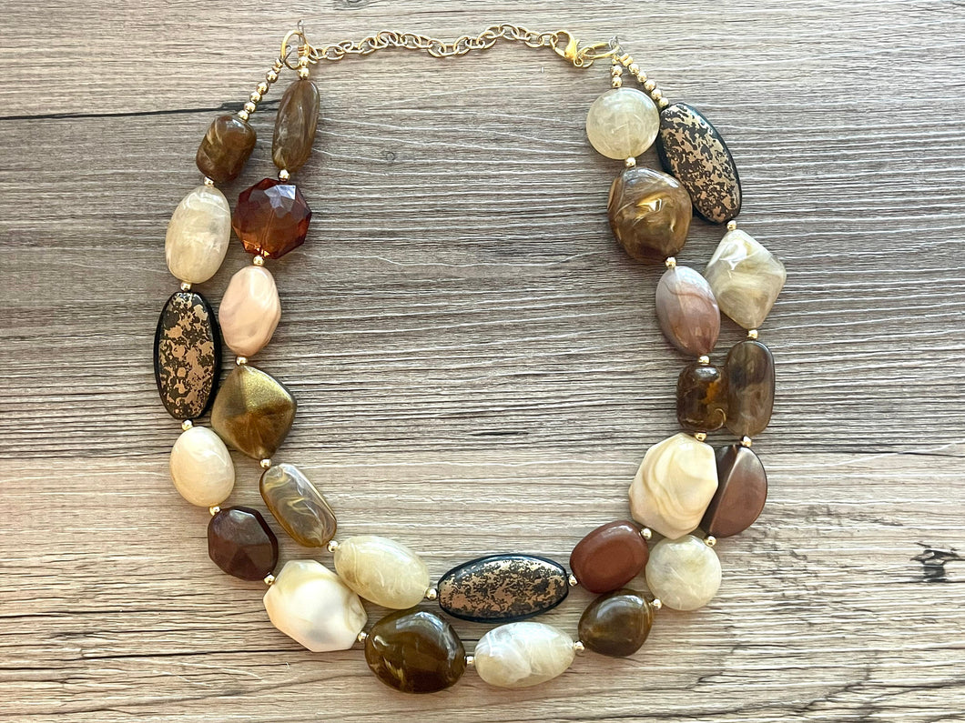 Espresso Martini double strand OOAK statement Necklace, Brown tan coffee champagne Beaded Necklace, summer silver jewelry