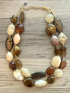 Espresso Martini double strand OOAK statement Necklace, Brown tan coffee champagne Beaded Necklace, summer silver jewelry