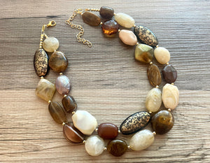 Espresso Martini double strand OOAK statement Necklace, Brown tan coffee champagne Beaded Necklace, summer silver jewelry