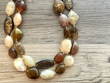 Load image into Gallery viewer, Espresso Martini double strand OOAK statement Necklace, Brown tan coffee champagne Beaded Necklace, summer silver jewelry