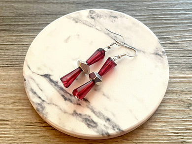 Silver + Red  Geometric bead Statement, colorful jewelry drop hook earrings, acrylic beaded earrings