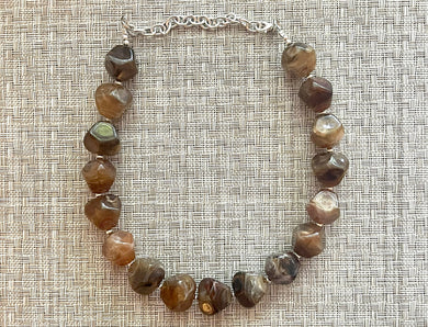 Chocolate Chunky Storm Statement Necklace, Big beaded jewelry, Single Strand Geometric Brown smoke Bib necklace bridesmaid wedding silver