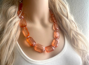 Chunky Coral Peach Statement Necklace & earring set, pink jewelry, peach bib necklace, dark pink geometric necklace single strand