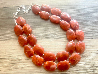 Ginger Orange Chunky Statement Necklace, Big beaded jewelry, Double Strand Statement Necklace, Bib necklace orange bridesmaid wedding silver