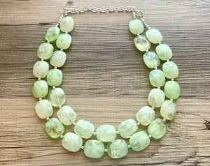 Lime Green Double Strand Statement Necklace, Chunky Mint Oval Beaded Bib Jewelry earrings, green jewelry set, light green jewelry