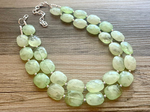 Lime Green Double Strand Statement Necklace, Chunky Mint Oval Beaded Bib Jewelry earrings, green jewelry set, light green jewelry