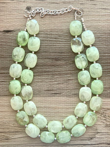 Lime Green Double Strand Statement Necklace, Chunky Mint Oval Beaded Bib Jewelry earrings, green jewelry set, light green jewelry