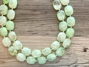 Lime Green Double Strand Statement Necklace, Chunky Mint Oval Beaded Bib Jewelry earrings, green jewelry set, light green jewelry