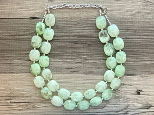 Lime Green Double Strand Statement Necklace, Chunky Mint Oval Beaded Bib Jewelry earrings, green jewelry set, light green jewelry